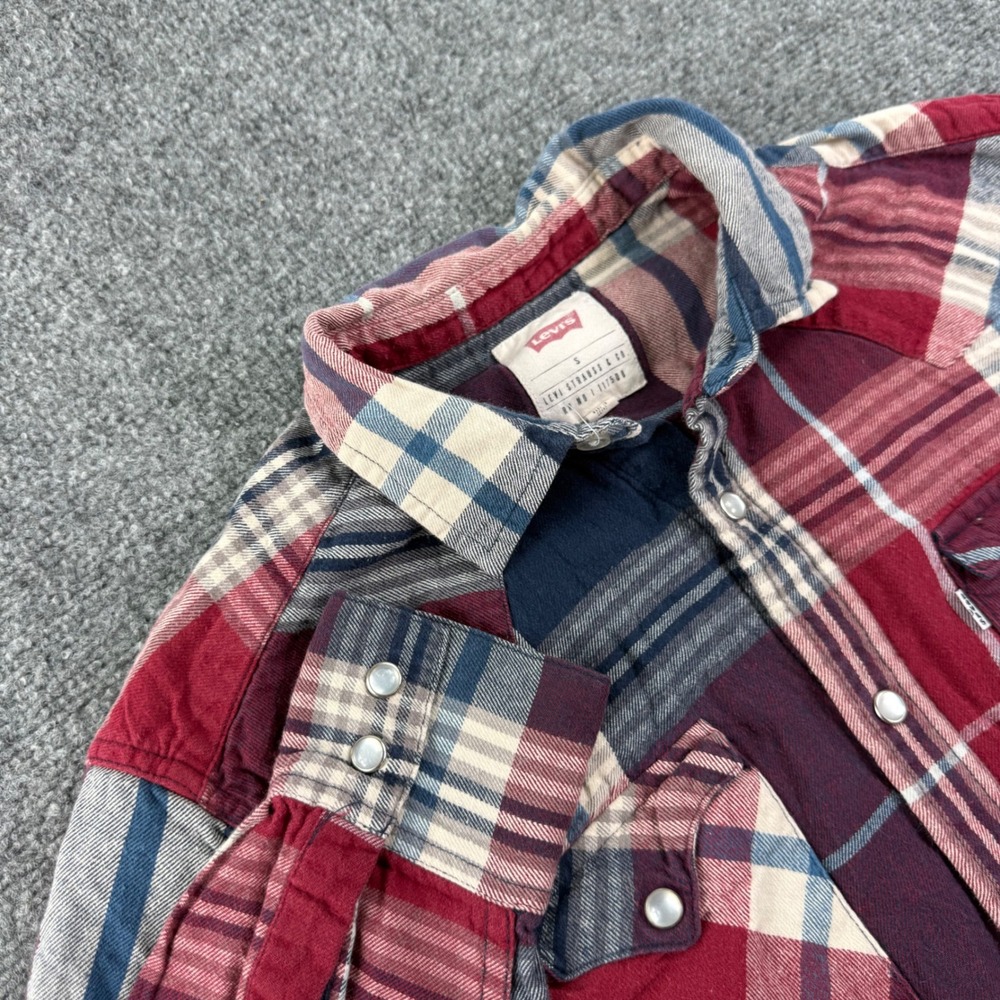 Levi's Western Pearl Snap Shirt Small Red Blue Plaid Flannel Mens